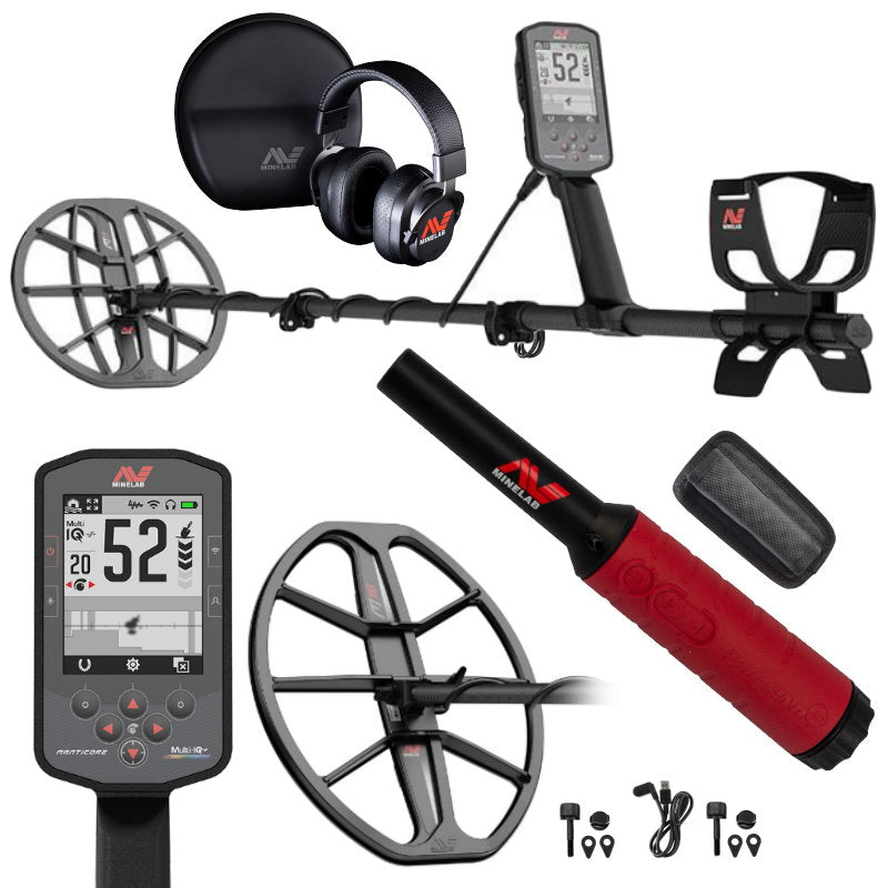 Metalldetektor Minelab Manticore mit Pinpointer Pro-Find 40 und Tiefensuchspule M15