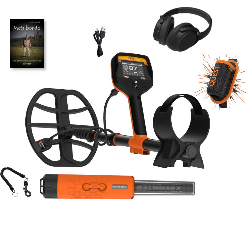 TOP Angebot: Quest V60 Metalldetektor mit Funkkopfhörer mit gratis Xpointer Magic MAX Pinpointer & Schatzsucherhandbuch