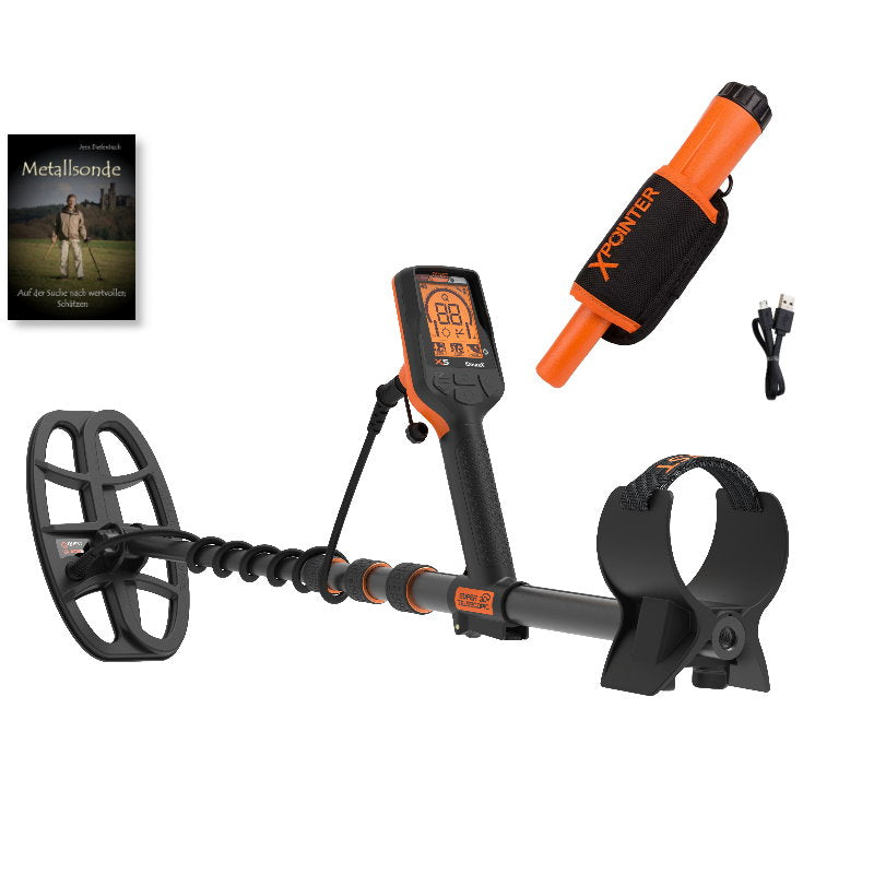 Quest X5 IDMaxX Metalldetektor & Xpointer Pinpointer (orange) & Schatzsucherhandbuch