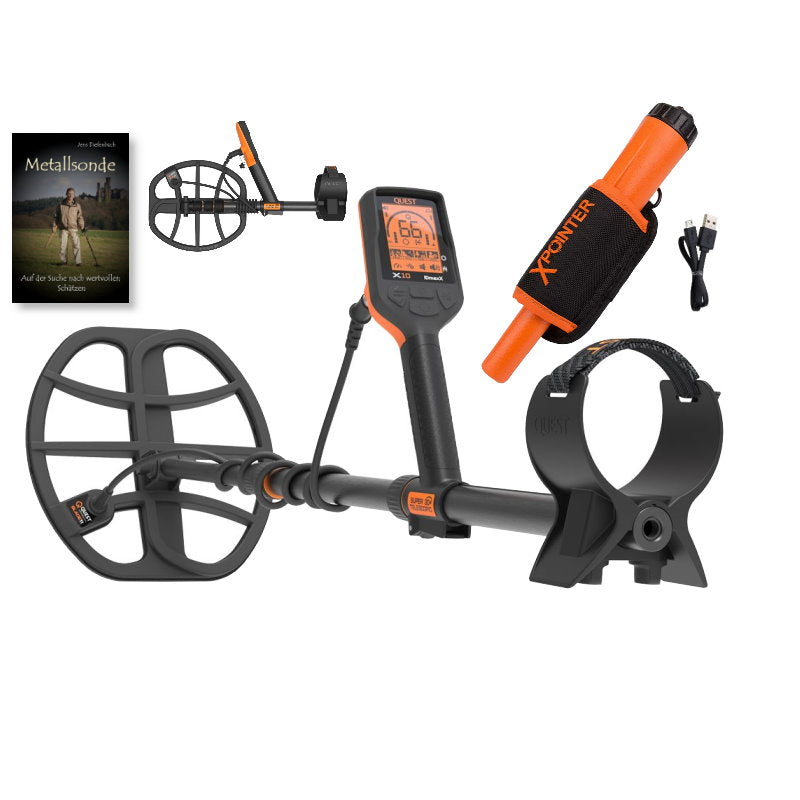 Quest X10 IDmaxX Metalldetektor & Xpointer Pinpointer (Farbe orange) & Schatzsucherhandbuch