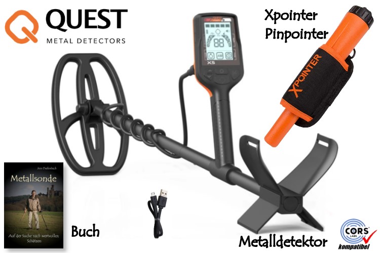 Quest X5 Metalldetektor & Xpointer Pinpointer (orange) & Schatzsucherhandbuch